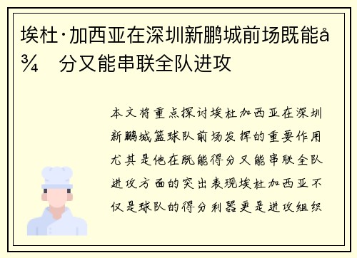 埃杜·加西亚在深圳新鹏城前场既能得分又能串联全队进攻
