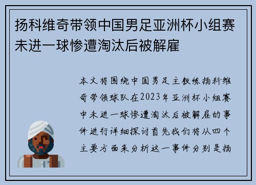 扬科维奇带领中国男足亚洲杯小组赛未进一球惨遭淘汰后被解雇